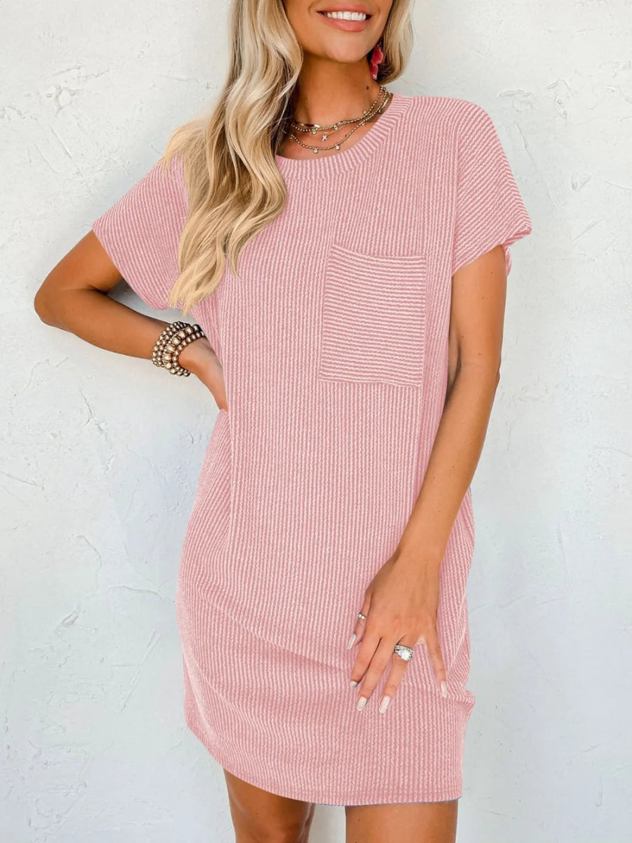Round Neck Short Sleeve Mini Dress - CELIVINE