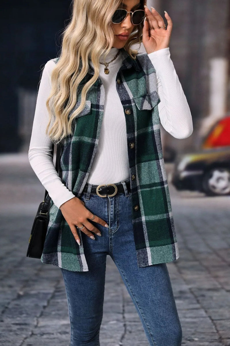 Plaid Button Up Vest Coat - CELIVINE