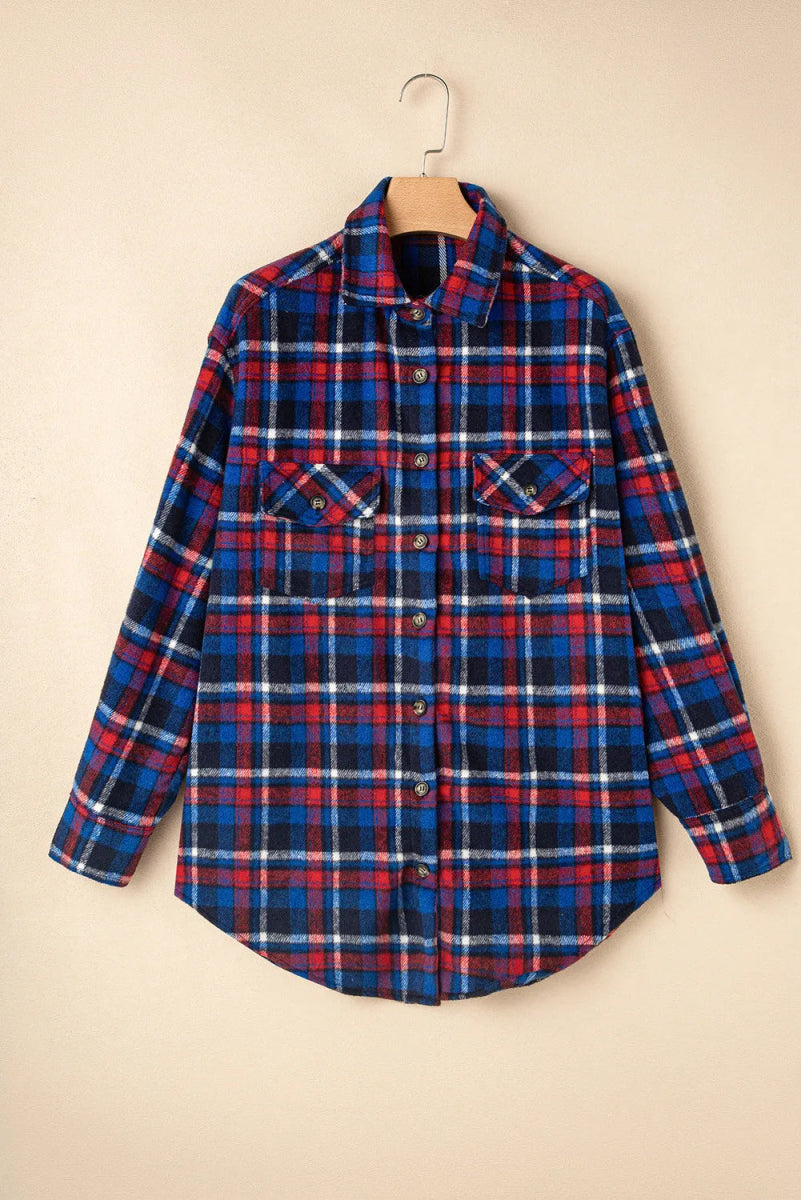 Pocketed Plaid Collared Neck Long Sleeve Shacket - CELIVINE