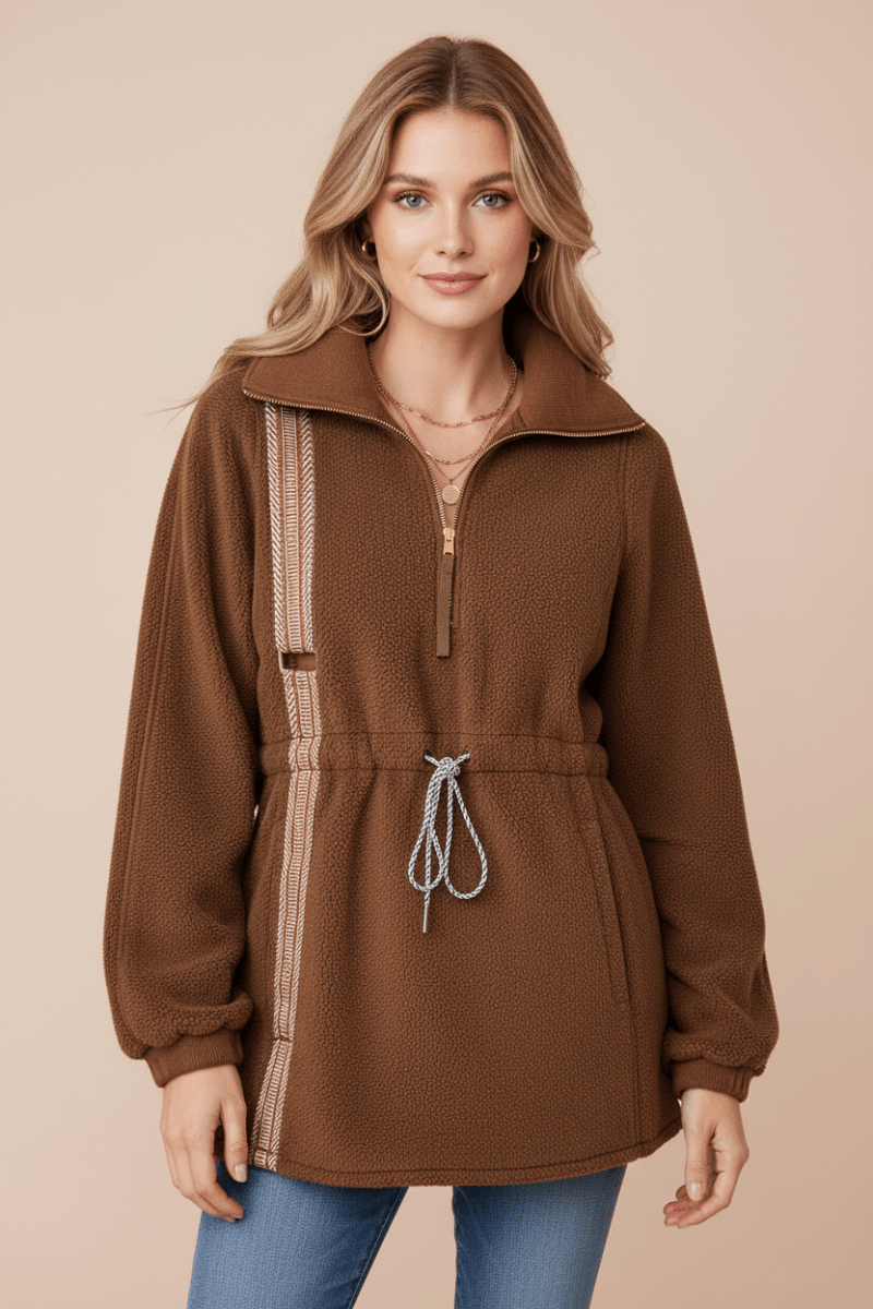 Drawstring Half Zip Long Sleeve Sweatshirt - CELIVINE