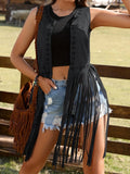 Fringe Cutout Detail Sleeveless Vest Coat - CELIVINE