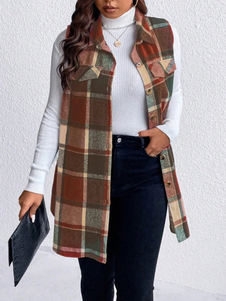 Honey Plus Size Pocketed Plaid Button Up Vest Coat - CELIVINE