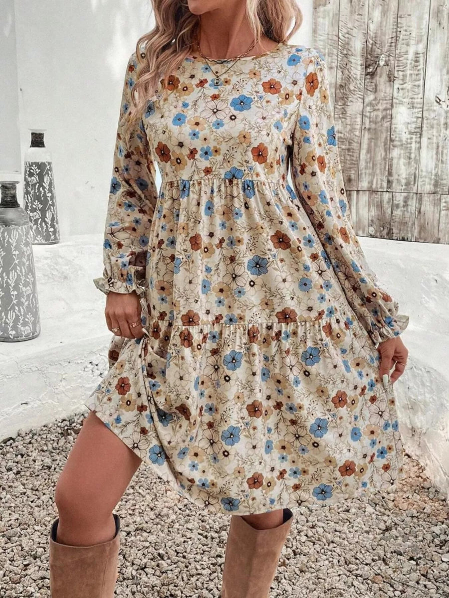 Floral Print Long Sleeve Tiered Dress - CELIVINE