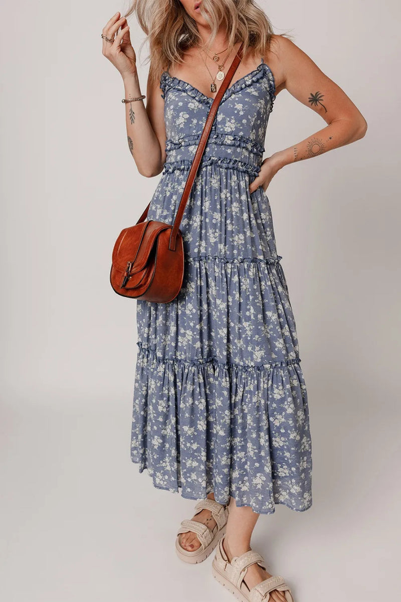 Floral Spaghetti Strap Frilled V Neck Tiered Midi Dress - CELIVINE
