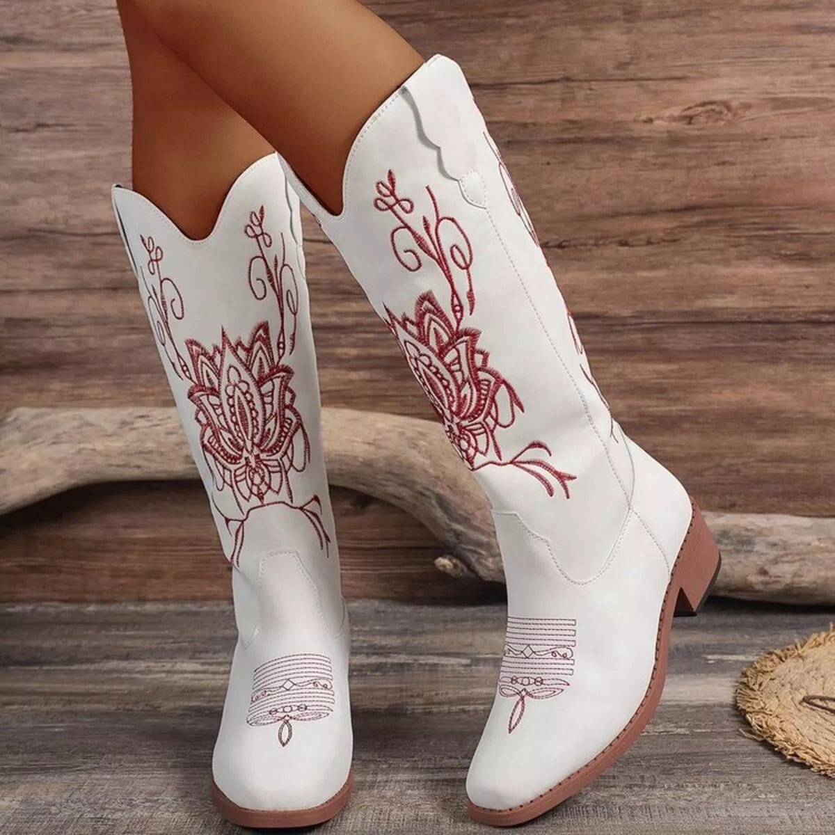 Embroidered Block Heels Boots - CELIVINE