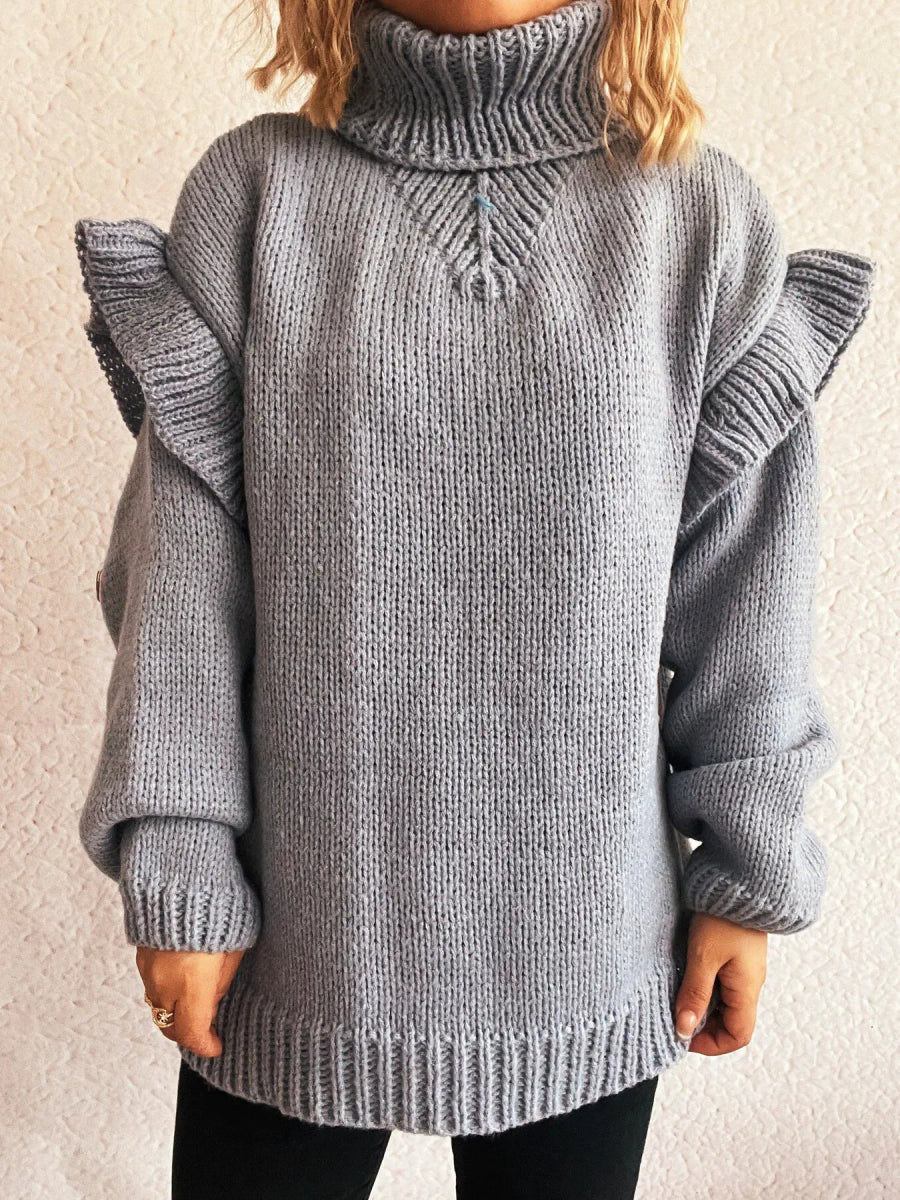 Ruffled Turtleneck Long Sleeve Sweater - CELIVINE