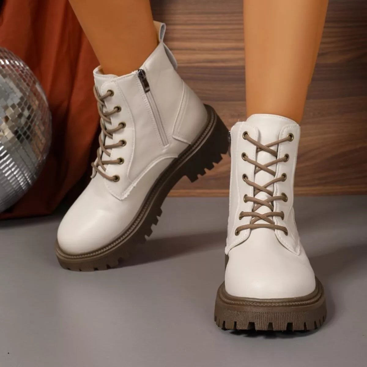 Lace Up Round Toe Boots - CELIVINE