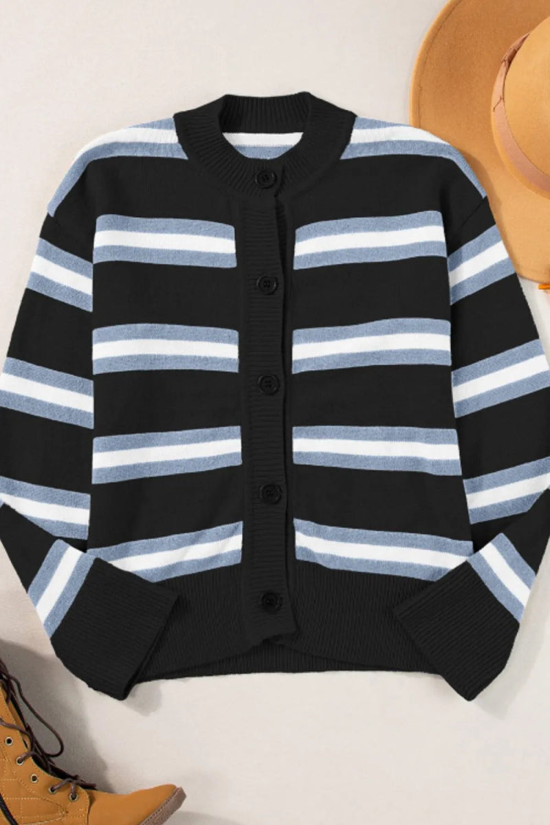 Striped Button Down Long Sleeve Cardigan - CELIVINE
