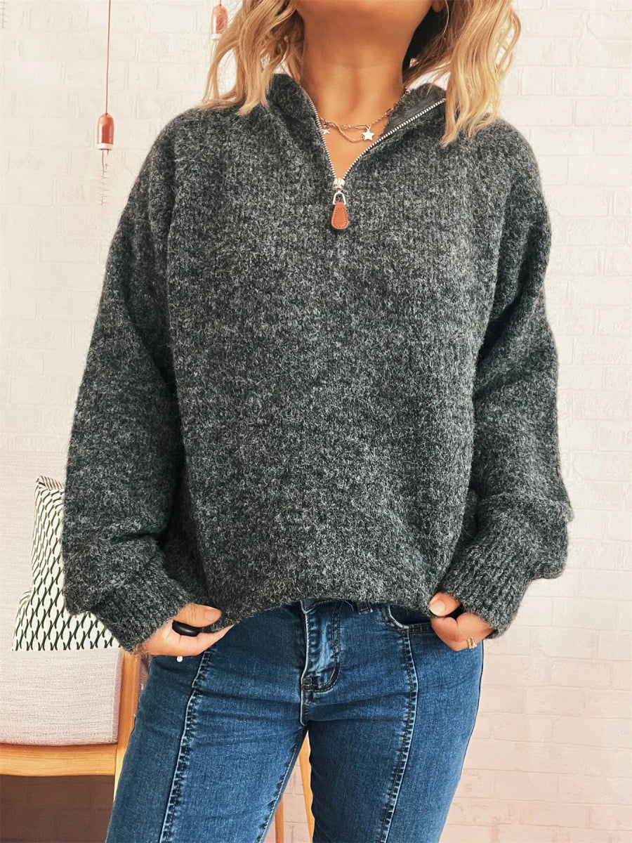 Quarter Zip Ribbed Hem Sweater - CELIVINE