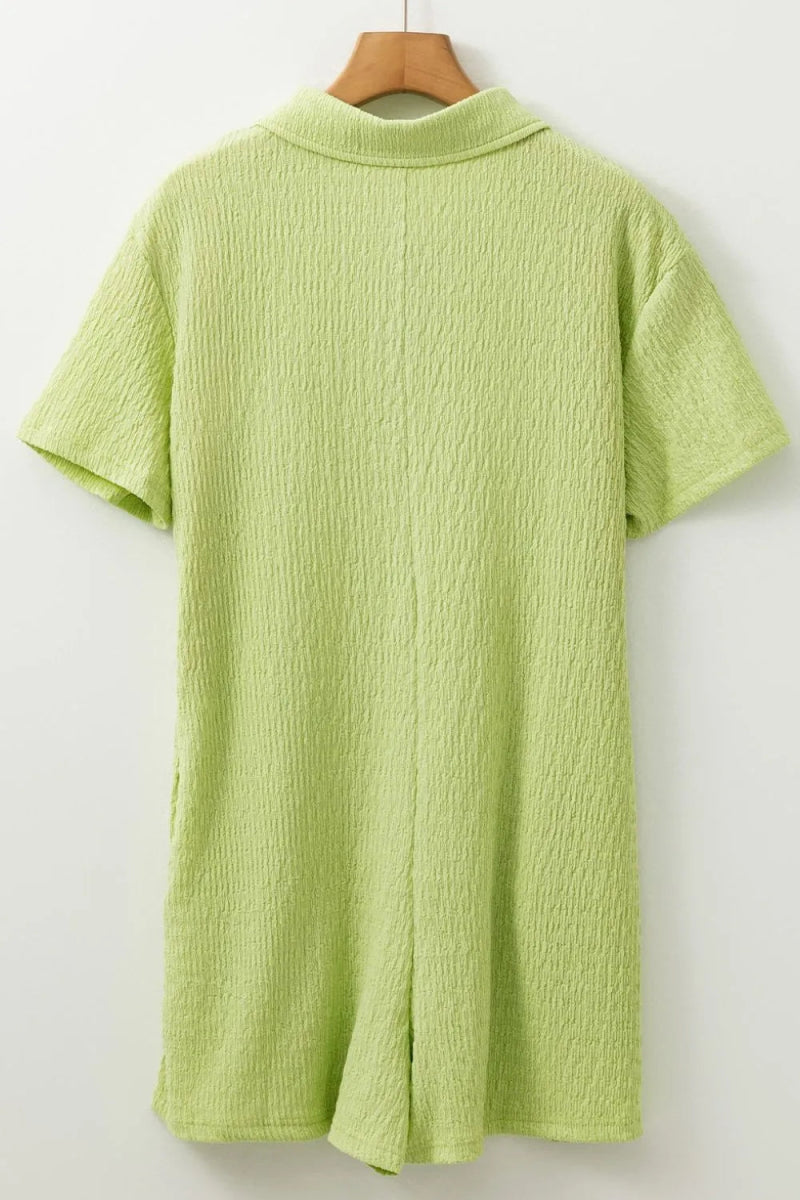 Textured Short Sleeve Patched Pocket Buttoned Romper - CELIVINE