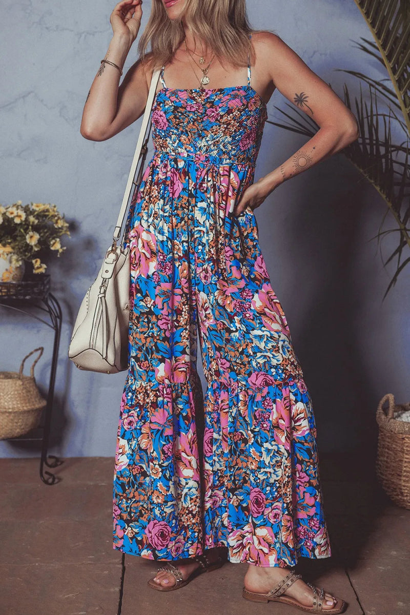 Floral Smocked Spaghetti Straps Wide Leg Jumpsuit - CELIVINE