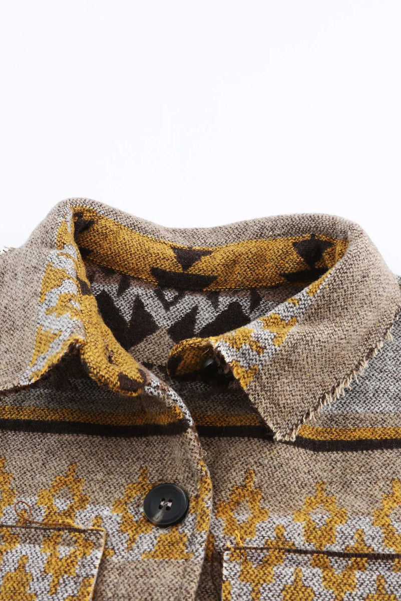 Pocketed Geometric Collared Neck Jacket - CELIVINE