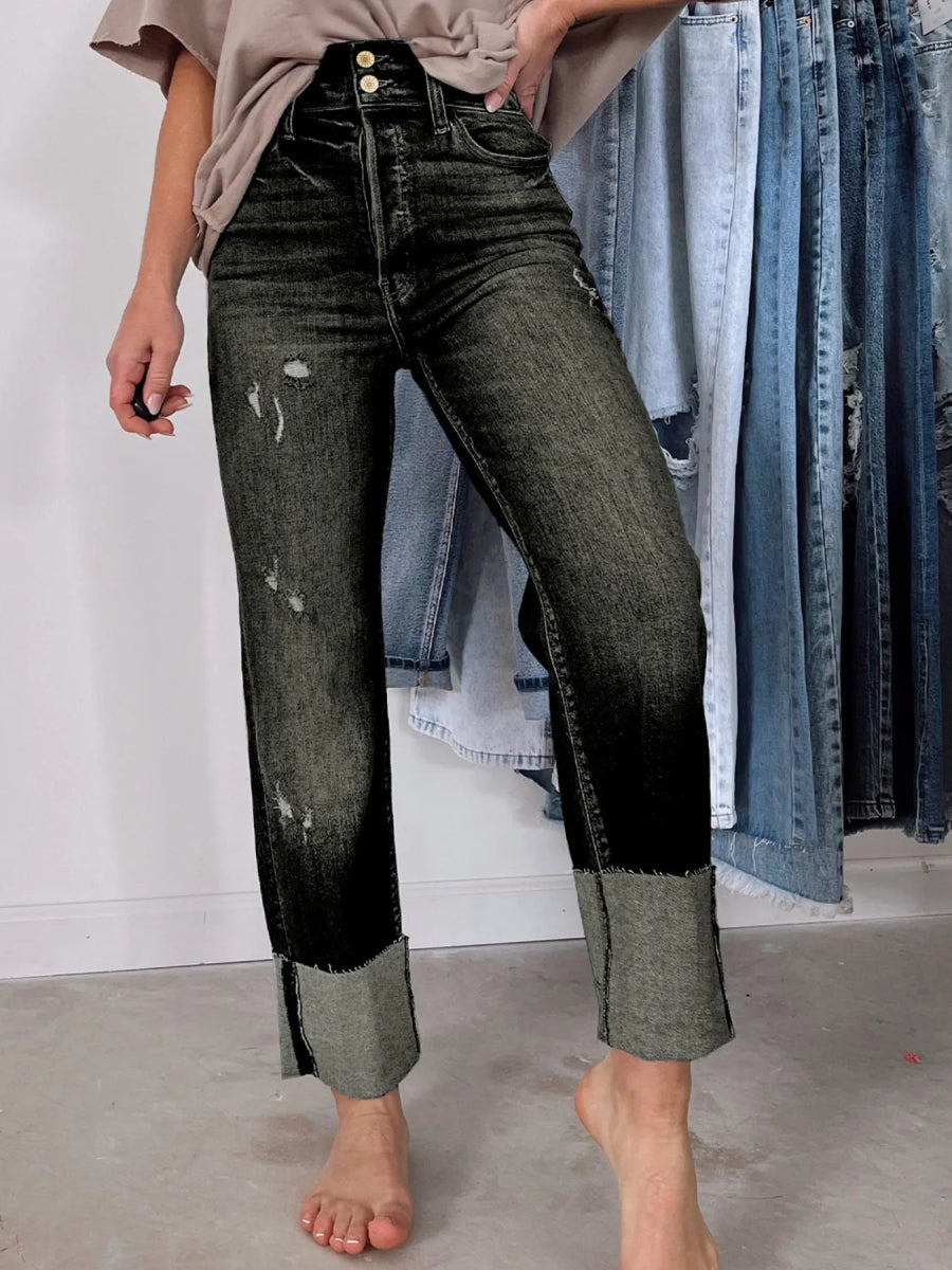 High Waist Distressed Straight Leg Jeans - CELIVINE