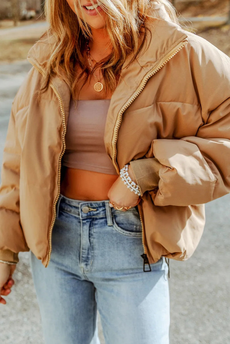 Zip Up Collared Neck Coat with Pockets - CELIVINE