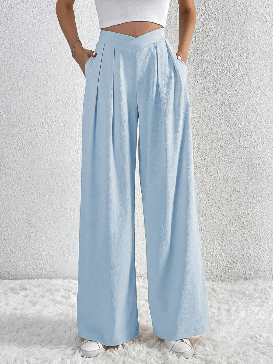V - Waisted Ruched Front Wide Leg Pants - CELIVINE
