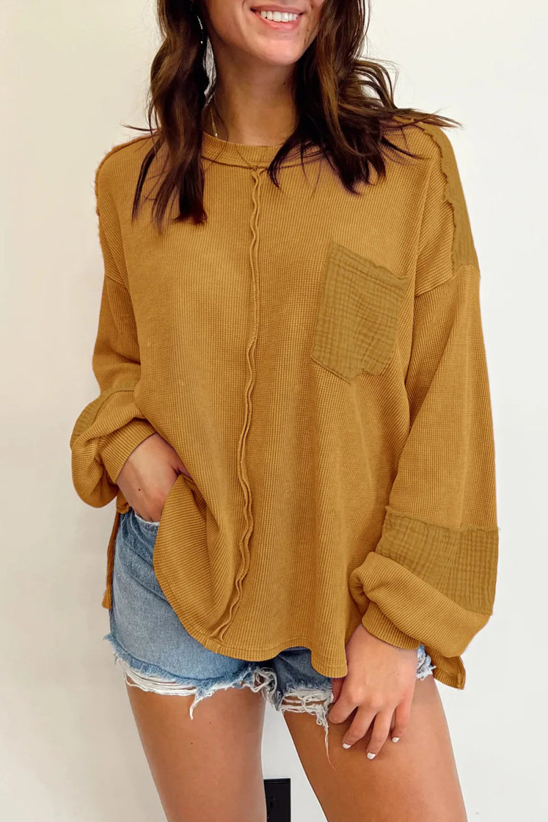 Exposed Seam Round Neck Long Sleeve Sweatshirt - CELIVINE