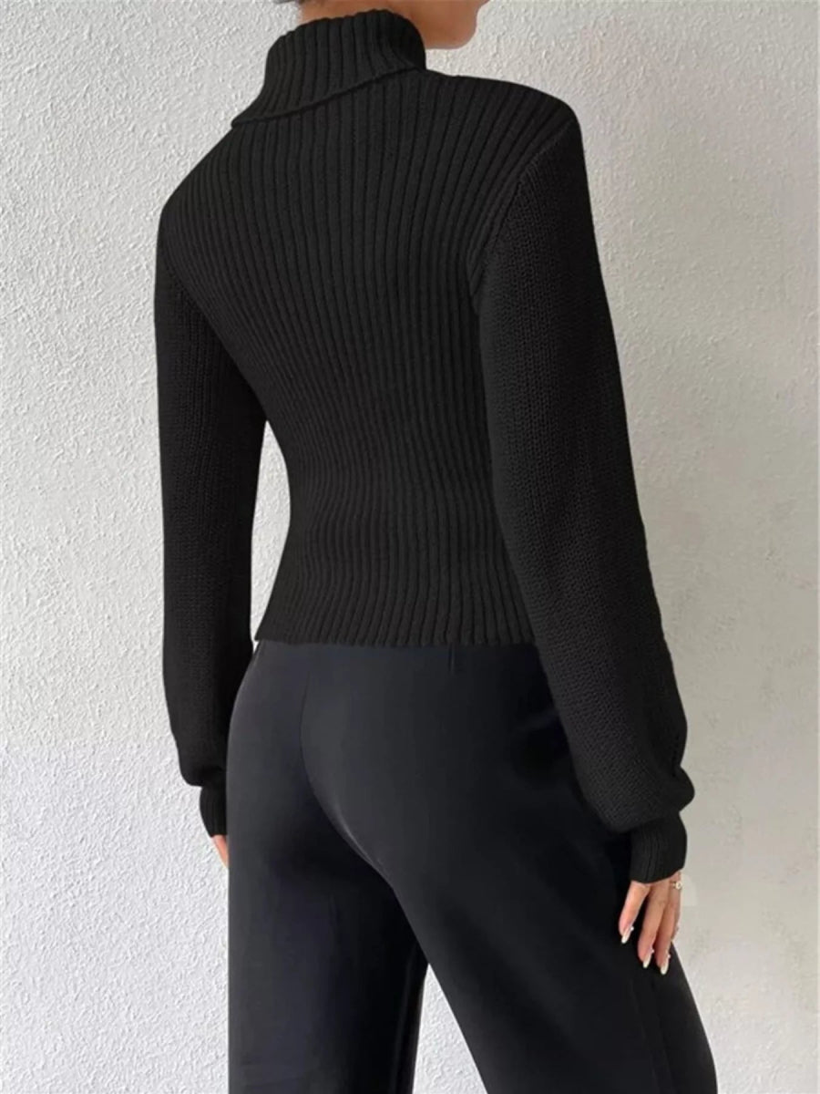 Cutout Front Turtleneck Long Sleeve Sweater - CELIVINE