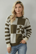 Contrast Round Neck Long Sleeve Sweater - CELIVINE