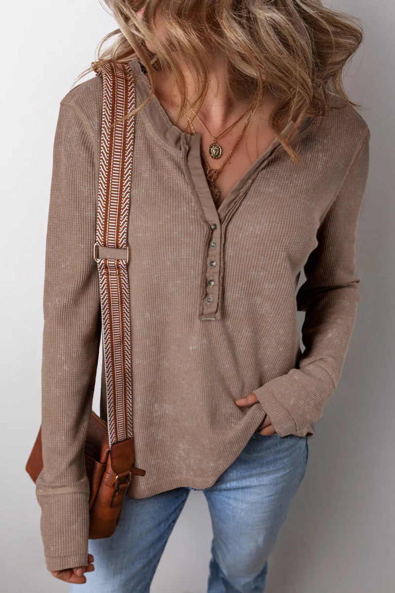 Notched Long Sleeve Top - CELIVINE