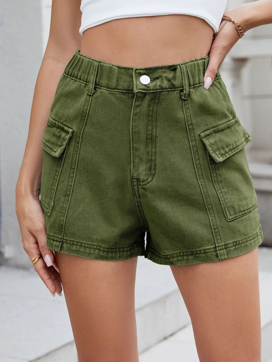 High Waist Cargo Denim Shorts - CELIVINE