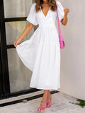 V - Neck Puff Sleeve Midi Dress - CELIVINE
