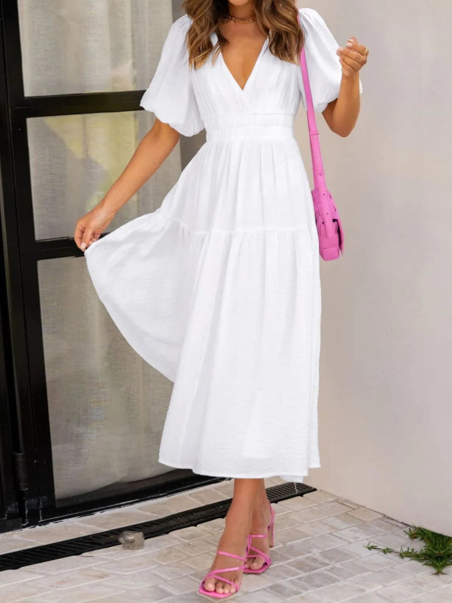 V - Neck Puff Sleeve Midi Dress - CELIVINE
