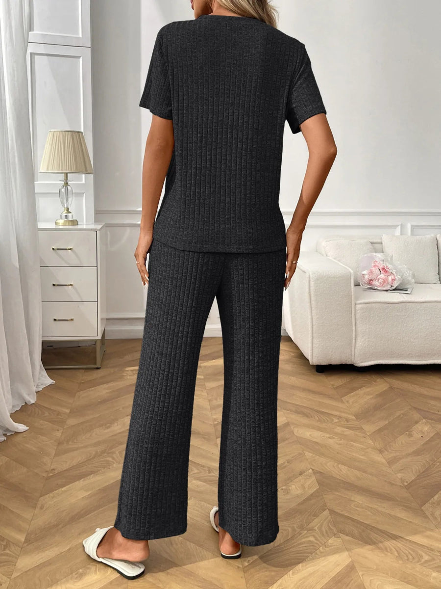 Ribbed Knit Short Sleeve Top and Pants Lounge Set - CELIVINE