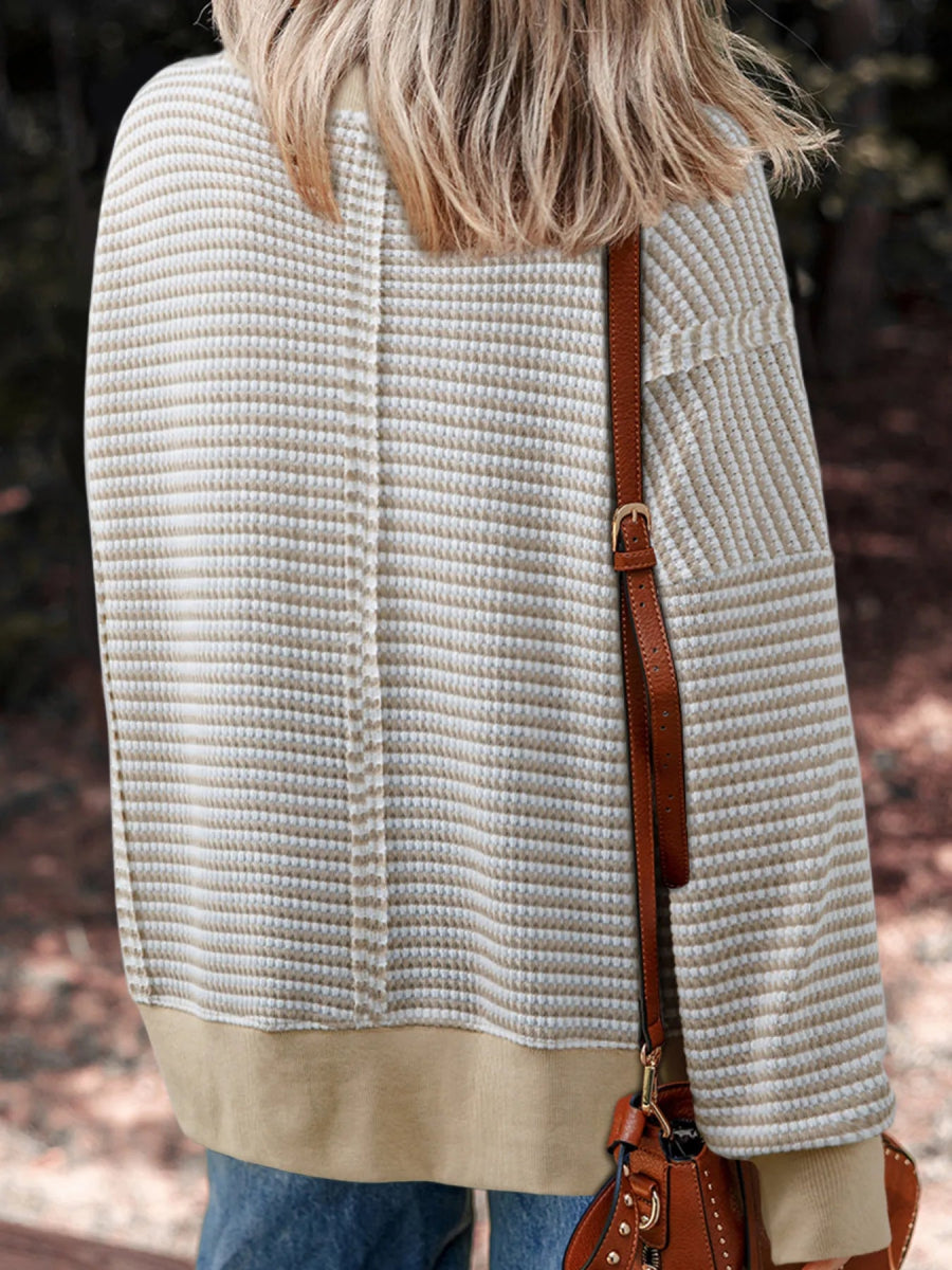 Stripe Ribbed Trim Drop Shoulder Long Sleeve Oversize Top - CELIVINE