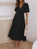V - Neck Puff Sleeve Midi Dress - CELIVINE