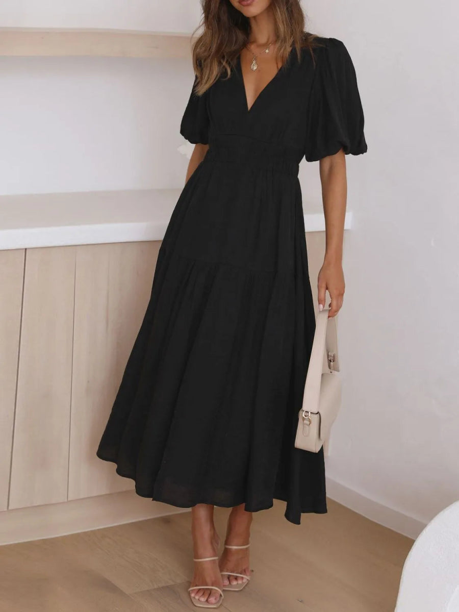 V - Neck Puff Sleeve Midi Dress - CELIVINE