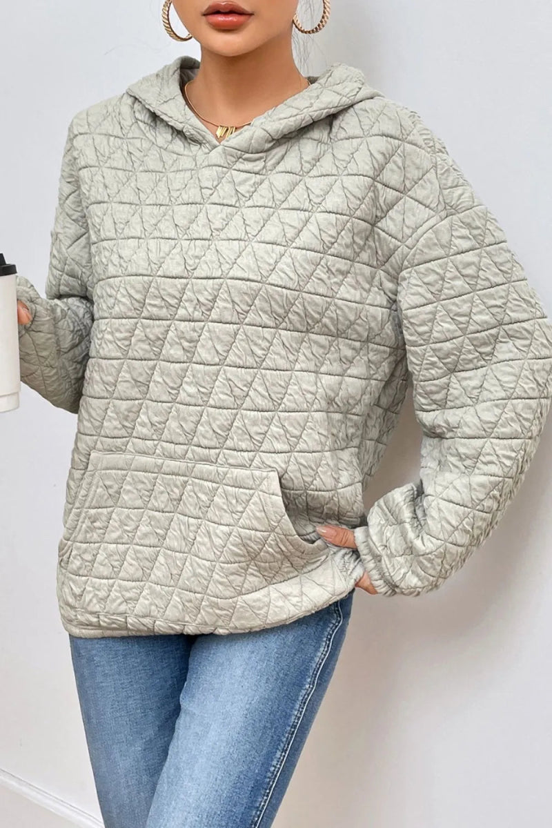 Quilted Long Sleeve Hoodie with Pocket - CELIVINE