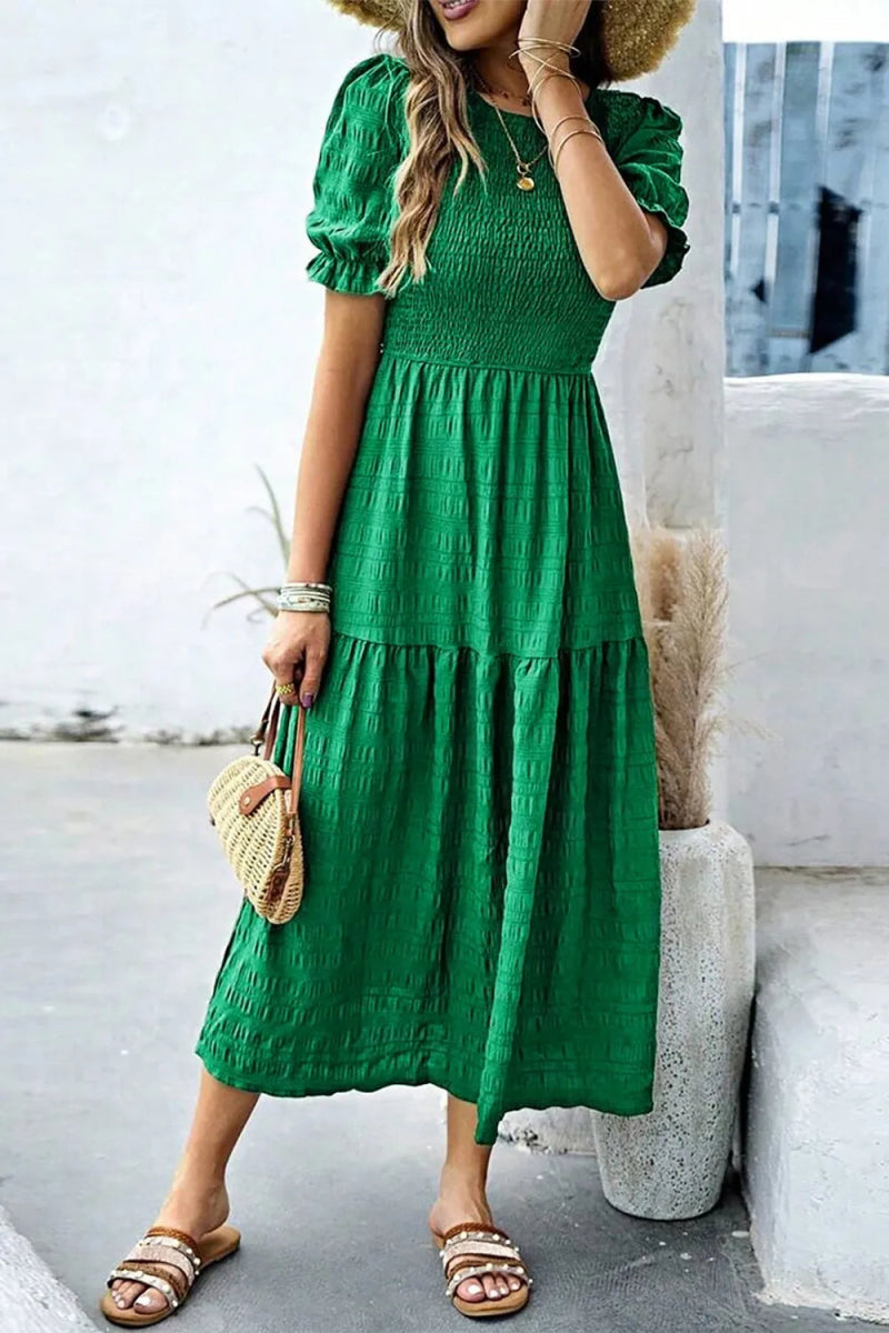 Smocked Puff Sleeve Midi Dress - CELIVINE