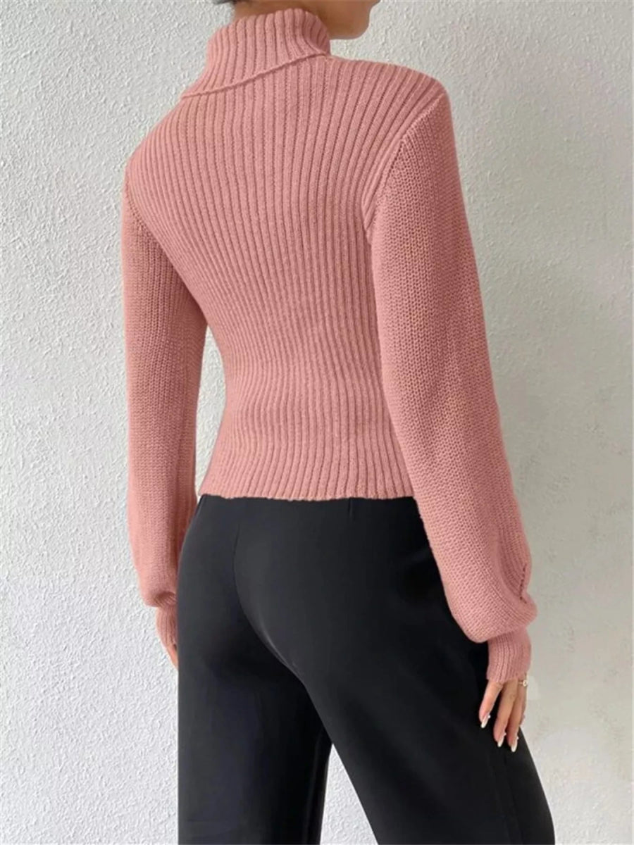 Cutout Front Turtleneck Long Sleeve Sweater - CELIVINE