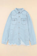 Flap Pocket Raw Hem Denim Jacket - CELIVINE