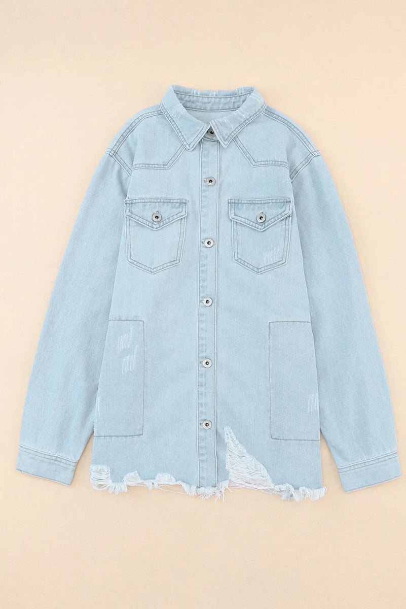 Flap Pocket Raw Hem Denim Jacket - CELIVINE