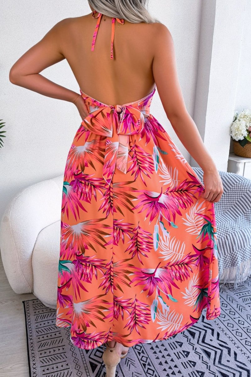Botanical Print Tied Backless Cutout Slit Dress - CELIVINE