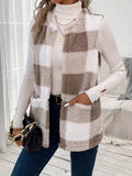 Plaid Sherpa Vest Coat with Pockets - CELIVINE