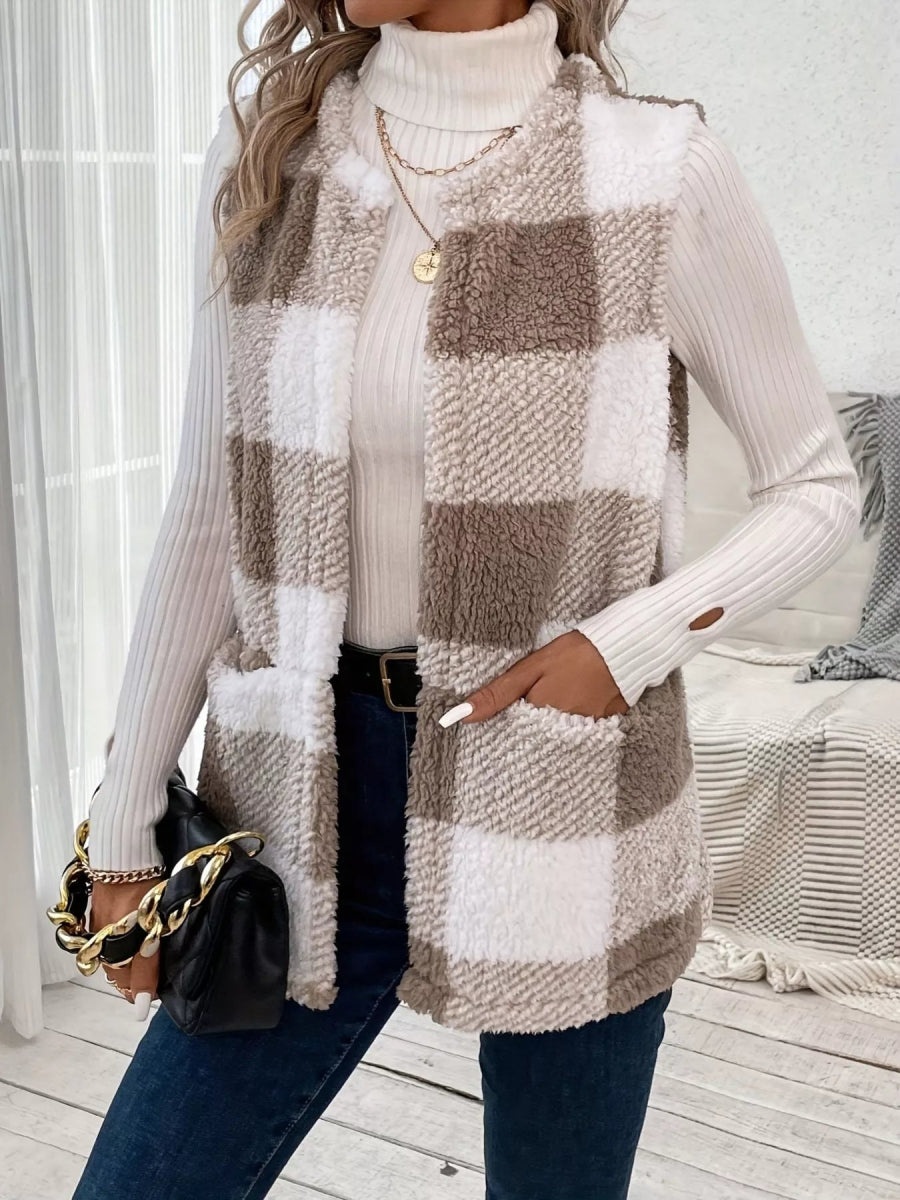 Plaid Sherpa Vest Coat with Pockets - CELIVINE