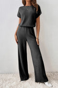 Ribbed Short Sleeve Wide Leg Jumpsuit - CELIVINE