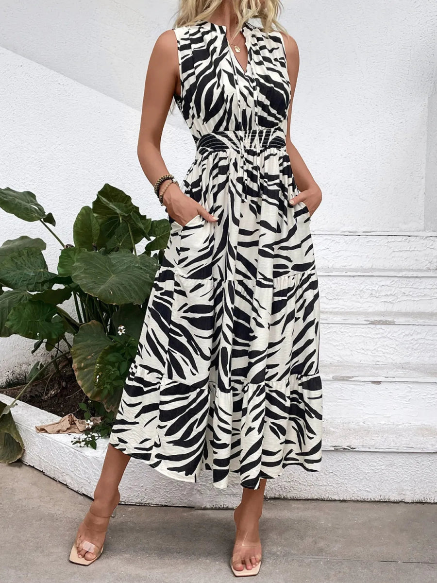 Printed Notched Sleeveless Midi Dress - CELIVINE