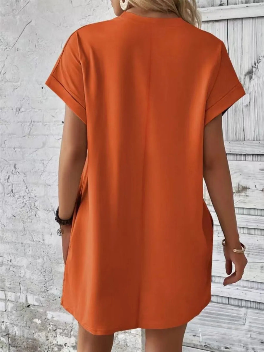 Pocketed Round Neck Short Sleeve Dress - CELIVINE