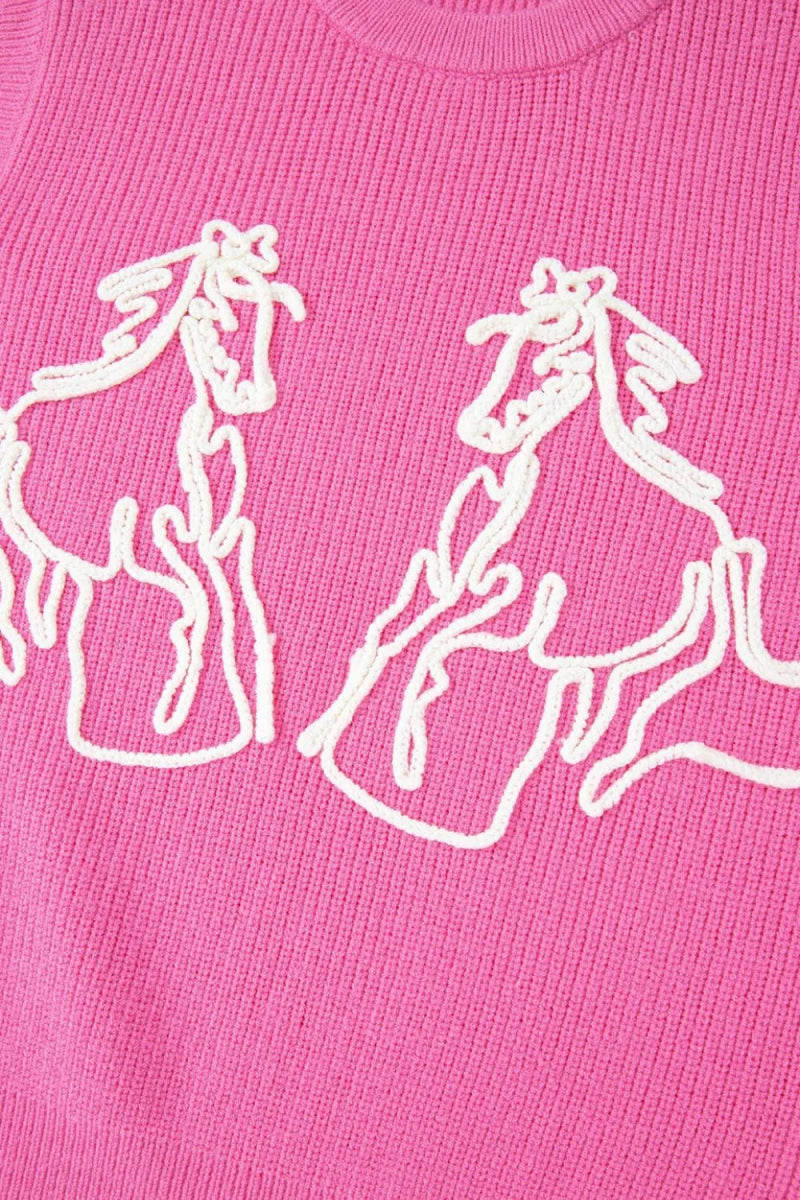 Western Horse Embroidered Round Neck Sweater - CELIVINE