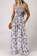 Floral Print Smocked High Waist Square Neck Jumpsuit - CELIVINE