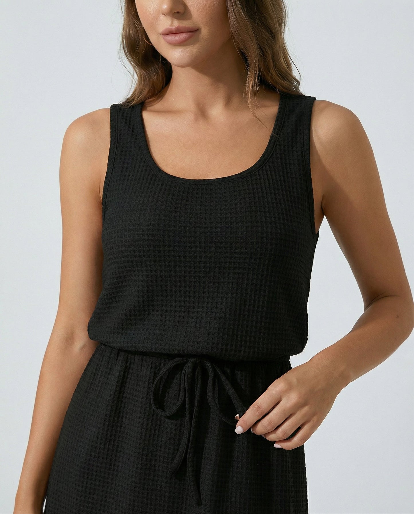 Waffle - Knit Drawstring Mini Tank Dress - CELIVINE