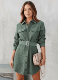Button Front Belt Long Sleeve Corduroy Dress - CELIVINE