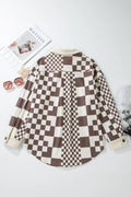 Pocketed Checkered Button Up Long Sleeve Jacket - CELIVINE