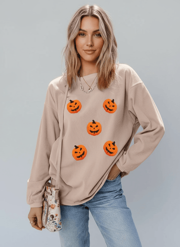 Halloween Pumpkin Drop Shoulder Sweatshirt - CELIVINE
