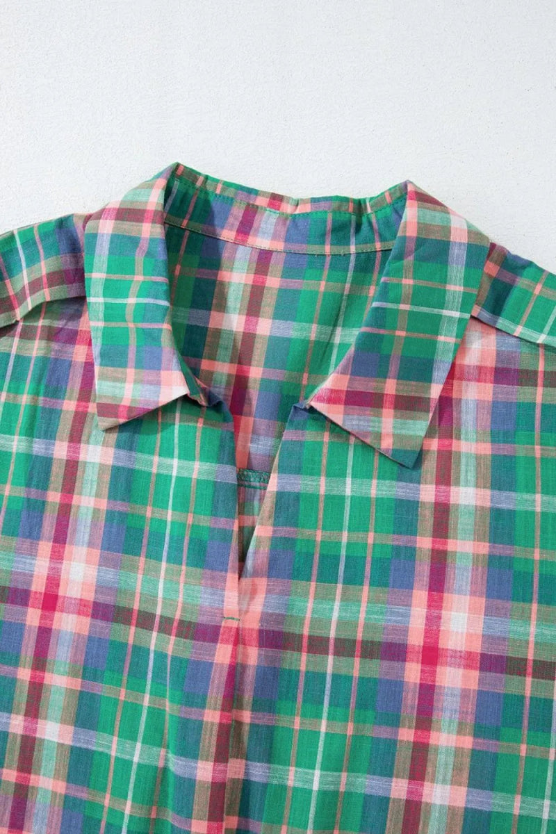 Plaid Collared Neck Three - Quarter Sleeve Shirt - CELIVINE