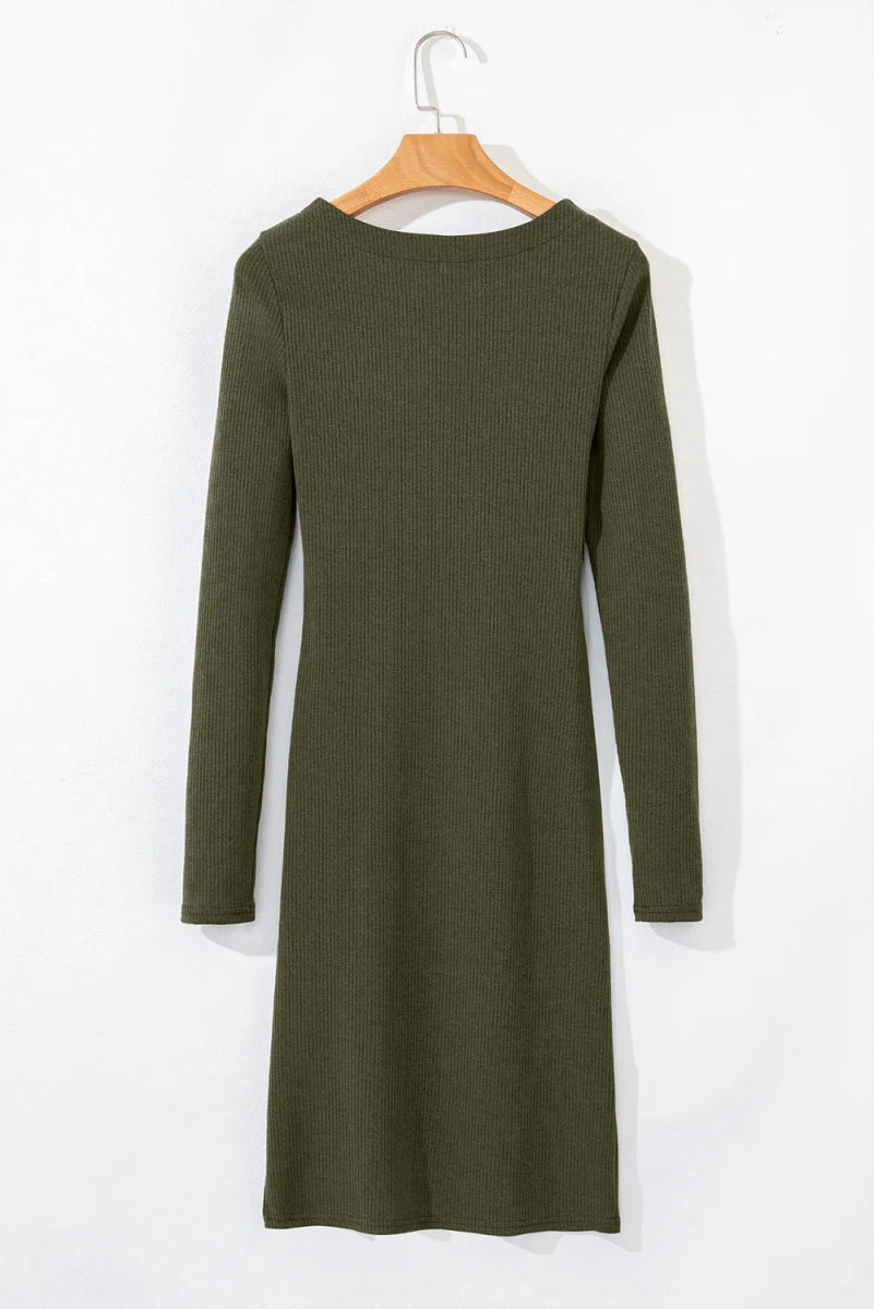 Slit Round Neck Long Sleeve Mini Dress - CELIVINE