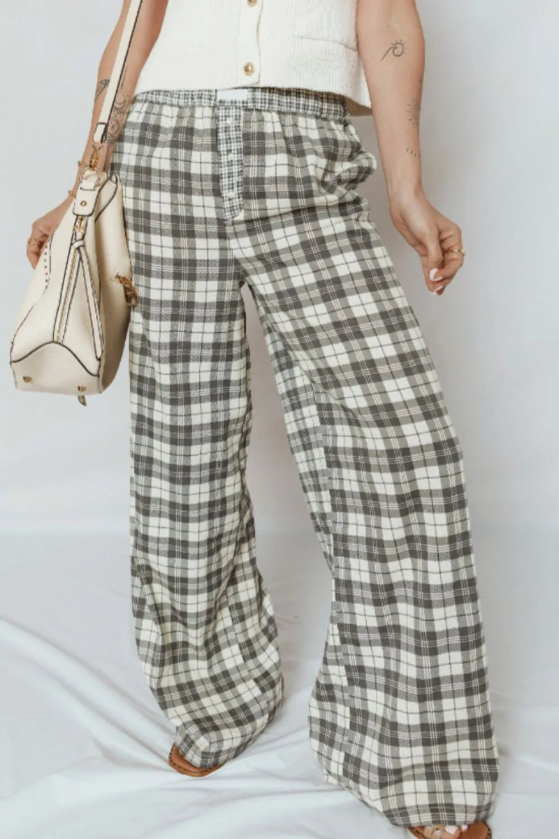 Plaid Wide Leg Pants - CELIVINE